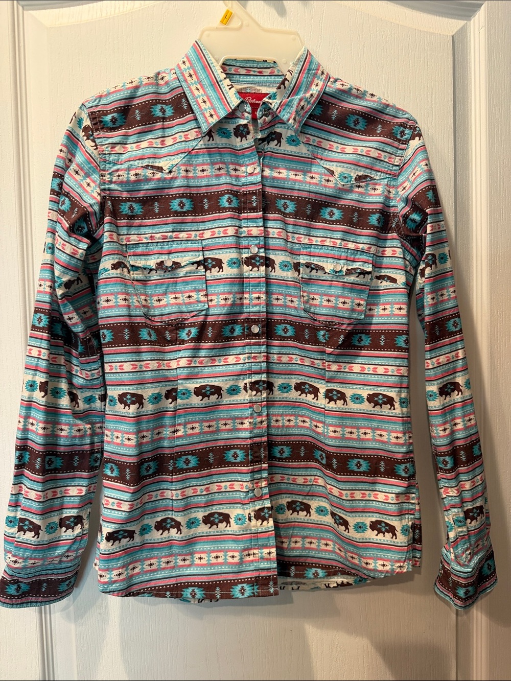 Girls' Aztec Buffalo Print Button-Down Shirt - Turquoise & Brown. Pearl snap